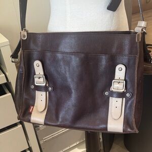 Men's Dark Brown Leather Messenger Bag with Cream Accents